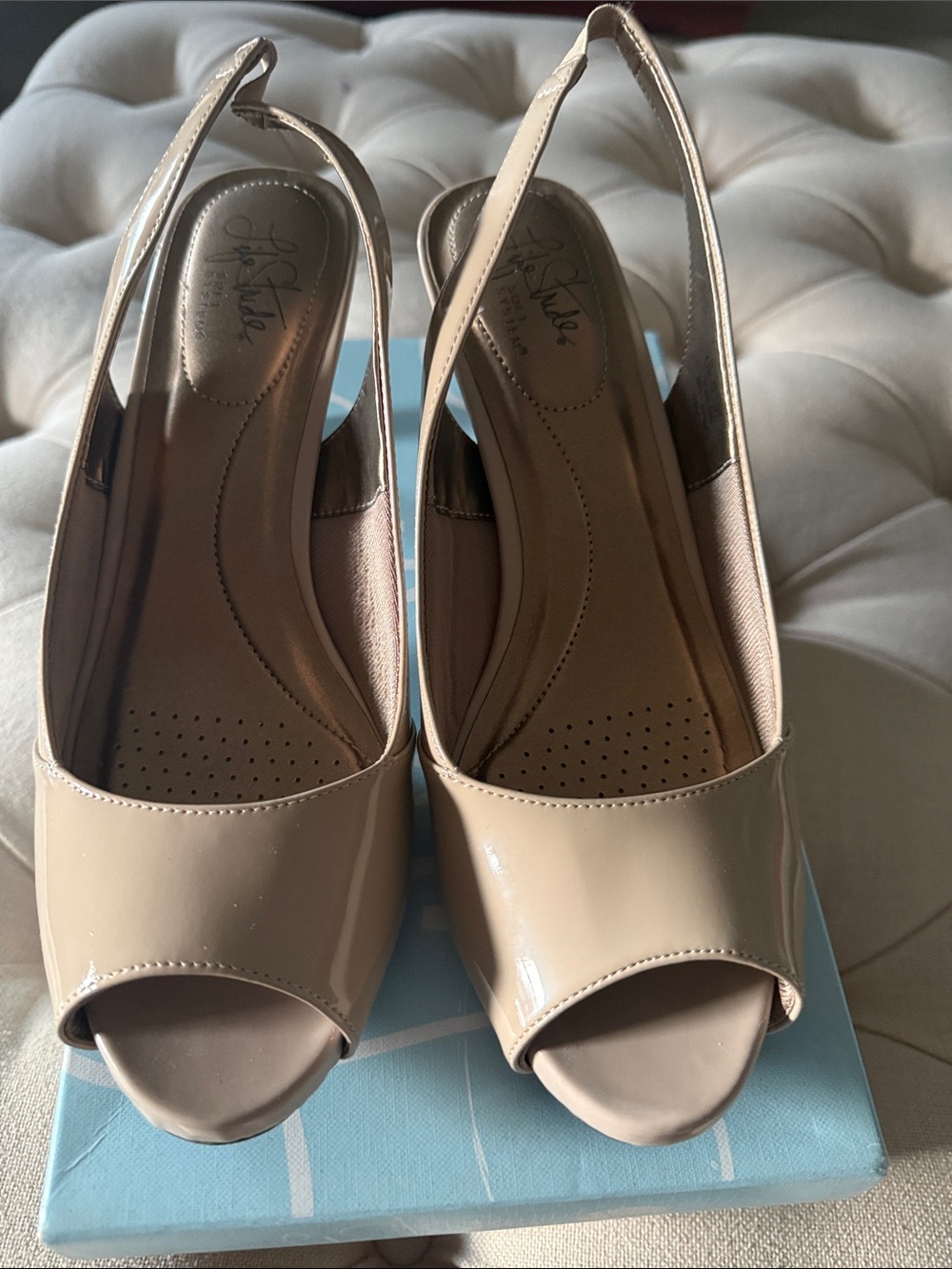 Life Stride Nude Patent Peep Toe Slingback Heels